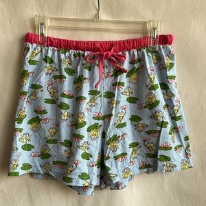 Adorable frog on lily pad drawstring sleep shorts, size M/L